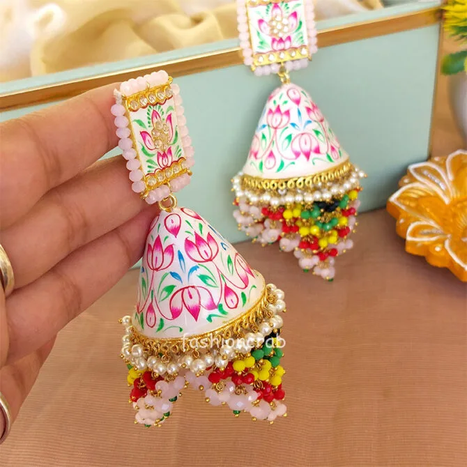 Big Light Pink Meenakari Layered Jhumka Pearl Earring