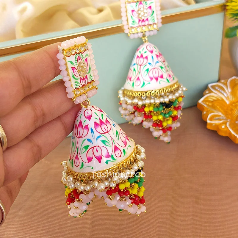 Big Light Pink Meenakari Layered Jhumka Pearl Earring