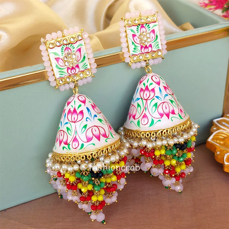 Big Light Pink Meenakari Layered Jhumka Pearl Earring