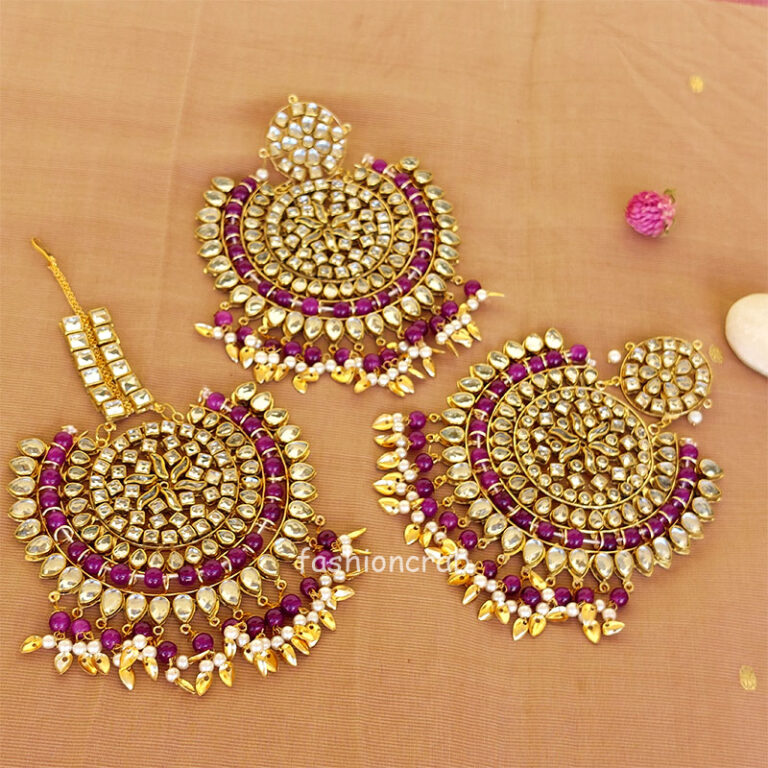 Big Punjabi Tikka Set with Earrings for Women - Purple