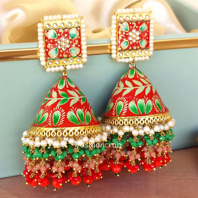 Big Red Meenakari Pearl Jhumka Earring for Wedding