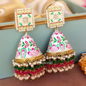 Big White Meenakari Pearl Jhumka Earring for Wedding