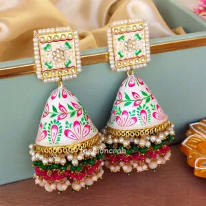 Big White Meenakari Pearl Jhumka Earring for Wedding