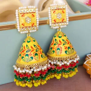 Big Yellow Meenakari Pearl Jhumka Earring for Wedding-01