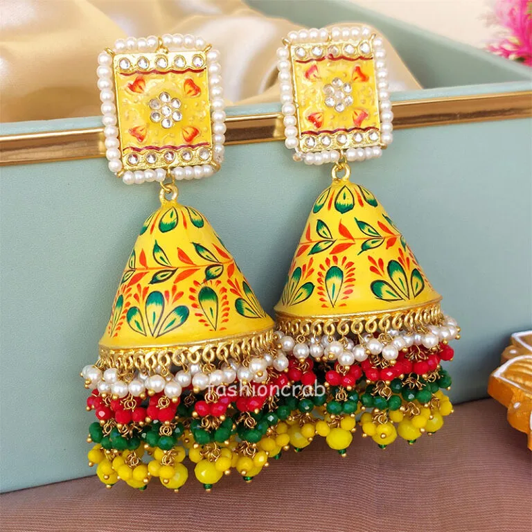 Big Yellow Meenakari Pearl Jhumka Earring for Wedding