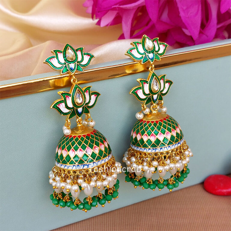 Dark Green Meenakari Lotus Jhumka Earring for Wedding