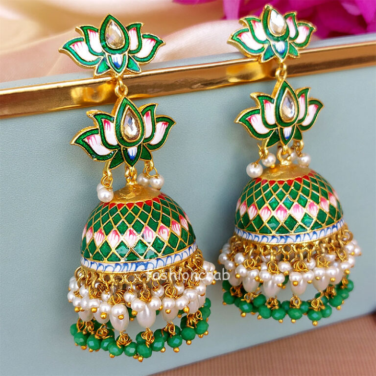 Dark Green Meenakari Lotus Jhumka Earring for Wedding
