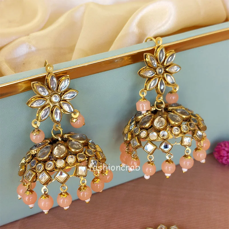 Peach Color Kundan Maangtikka and Earrings for Punjabi Suit