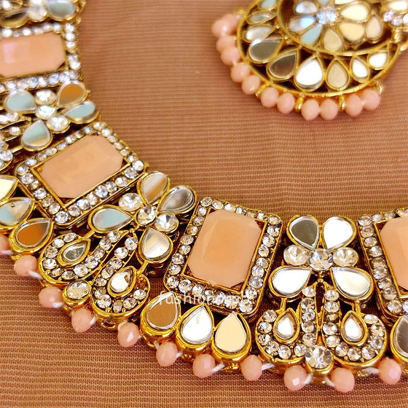 Peach Pearl Mirror Choker Set for Women