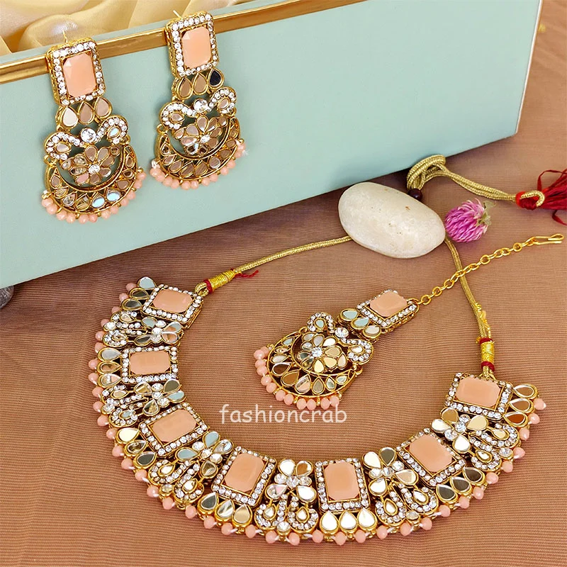 Peach Pearl Mirror Choker Set for Women