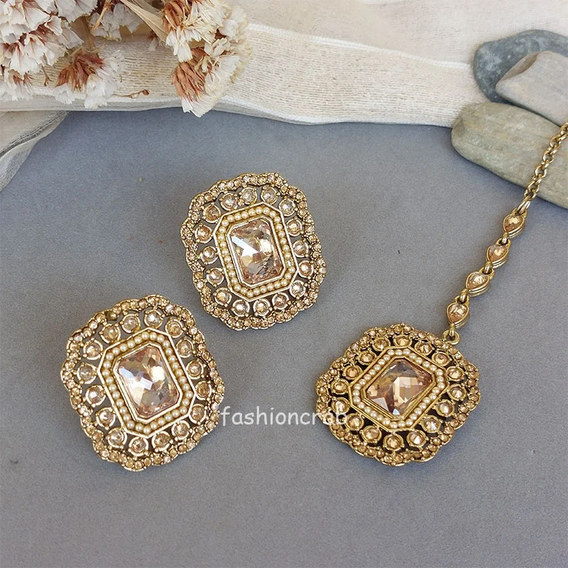 Rubina Maang Tikka Set with Earrings - Champagne