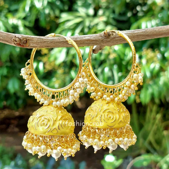 Yellow Colour Heavy Jhumka Bali for Saree-01 Yellow Colour Heavy Jhumka Bali for Saree