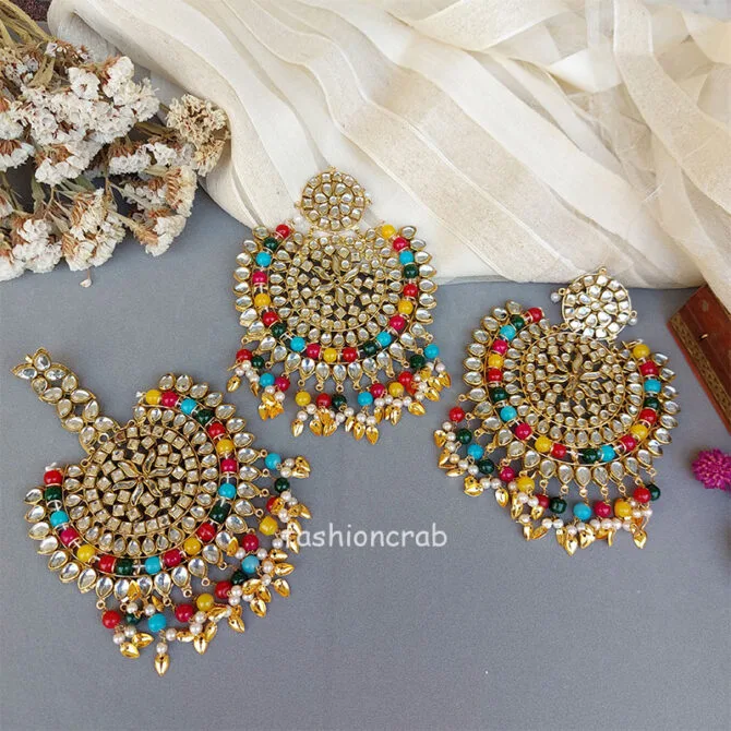 Big Punjabi Tikka Set with Earrings for Women - Multicolour-03 Big Punjabi Tikka Set with Earrings for Women - Multicolour