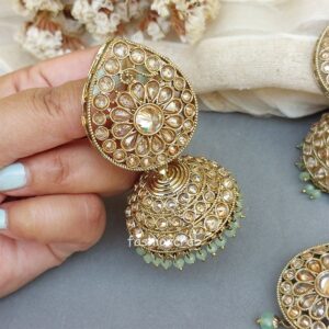 Hina Jhumka Earrings with Tikka - Green