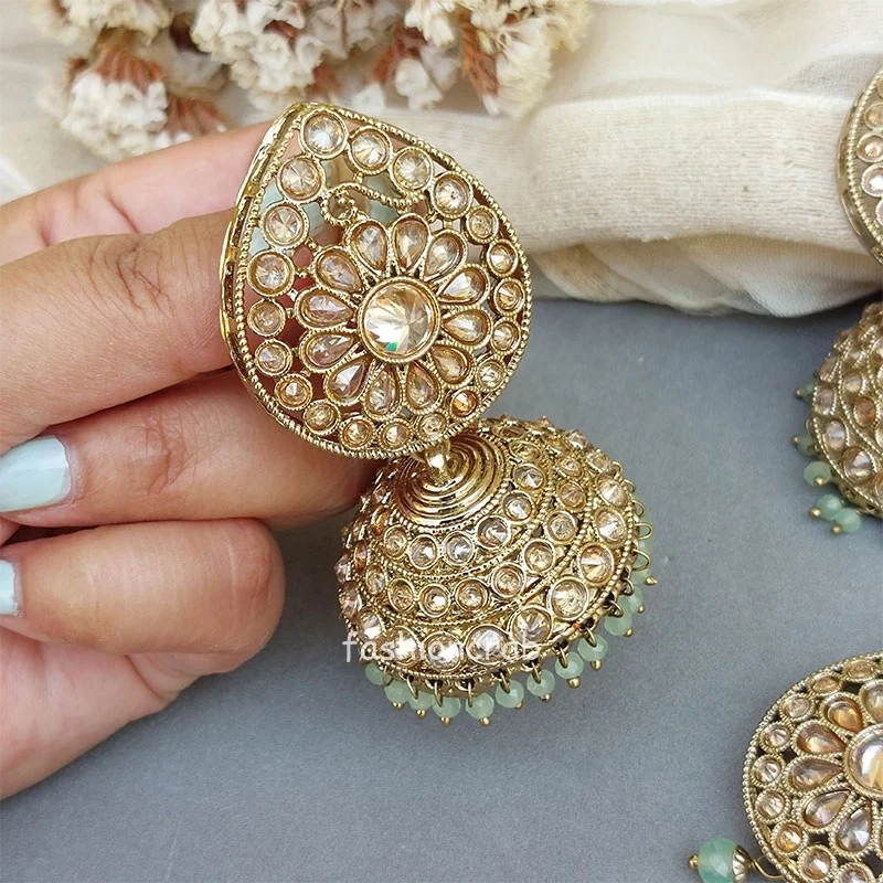 Hina Jhumka Earrings with Tikka - Green
