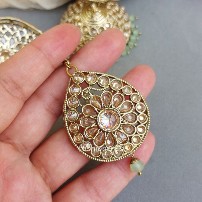 Hina Jhumka Earrings with Tikka - Green
