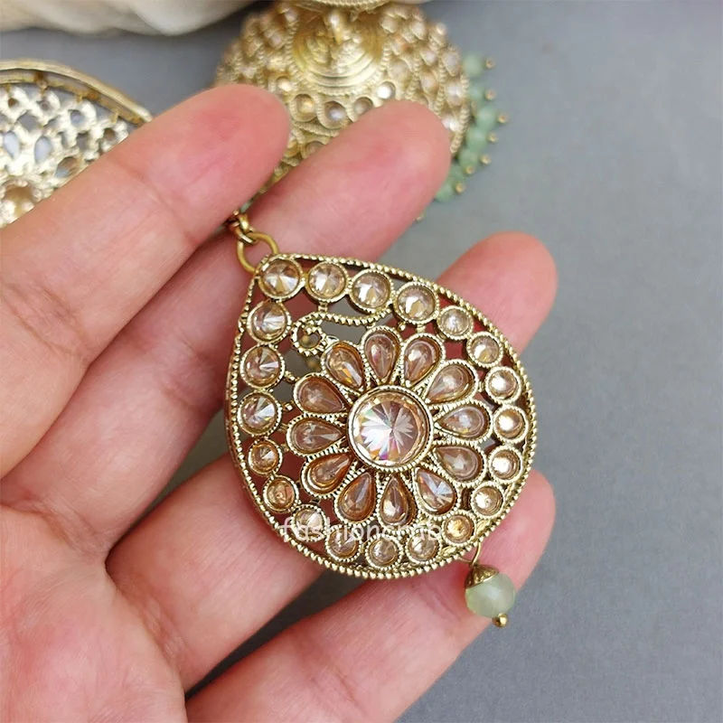 Hina Jhumka Earrings with Tikka - Green