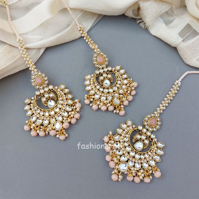 Kundan Maang Tikka with Earring for Peach Saree-02 Kundan Maang Tikka with Earring for Peach Saree
