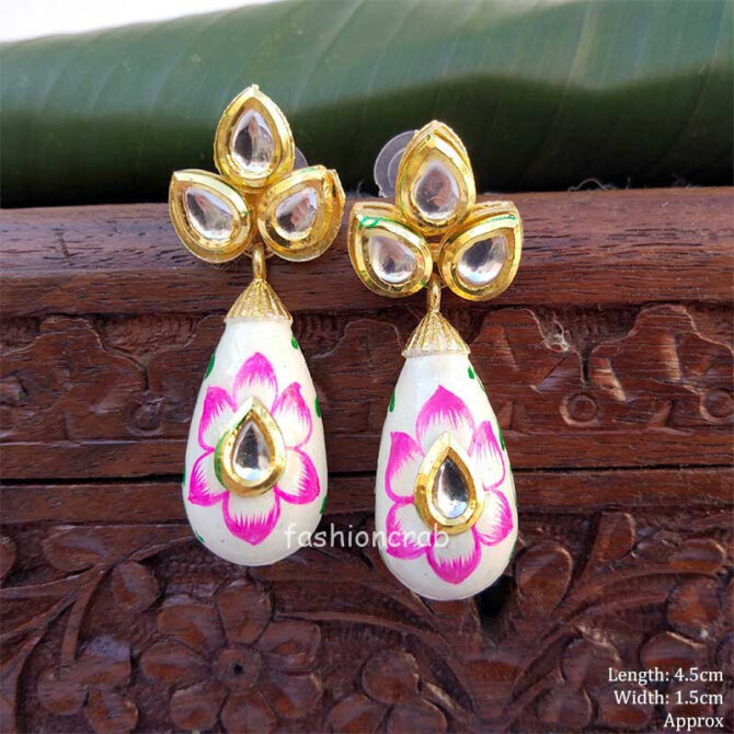 Pink Color HandPainted Kundan Small Drop Earrings for Women Pink Color HandPainted Kundan Small Drop Earrings for Women