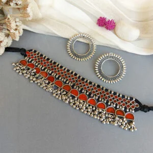 Red Choker Necklace with Earrings for Saree