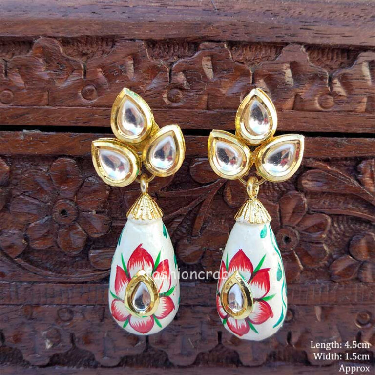 Red Color HandPainted Kundan Small Drop Earrings for Women