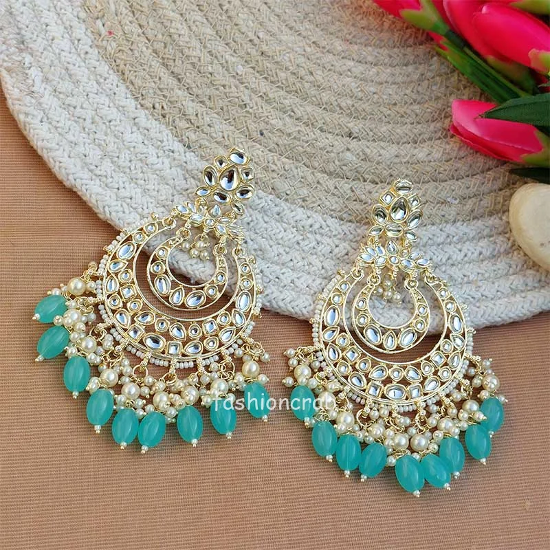 Blue Color Kundan Pearl Studded Chandbali Earrings