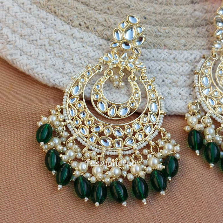 Dark Green Color Kundan Pearl Studded Chandbali Earrings
