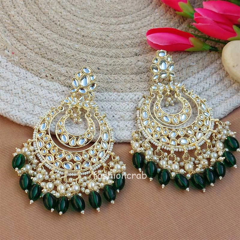 Dark Green Color Kundan Pearl Studded Chandbali Earrings