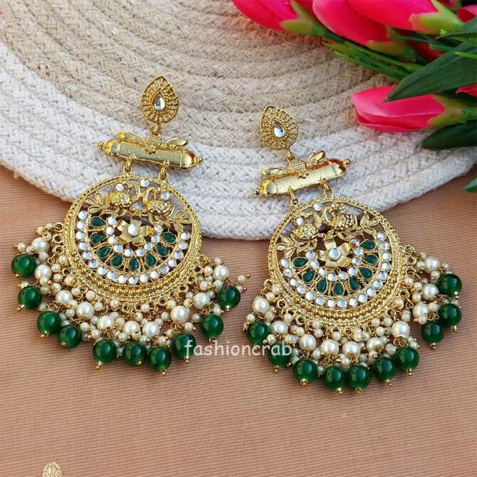 Dark Green Pearl Long Chandbali Earring for Party-01 Dark Green Pearl Long Chandbali Earring for Party