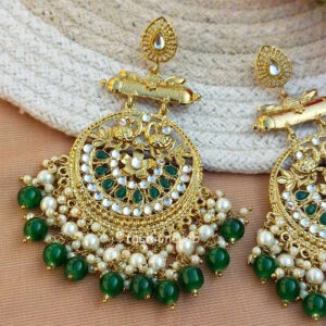 Dark Green Pearl Long Chandbali Earring for Party