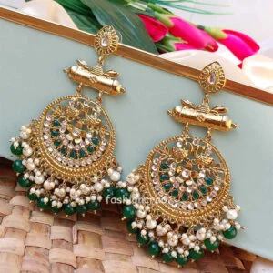 Dark Green Pearl Long Chandbali Earring for Party