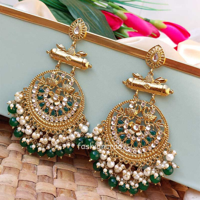 Dark Green Pearl Long Chandbali Earring for Party