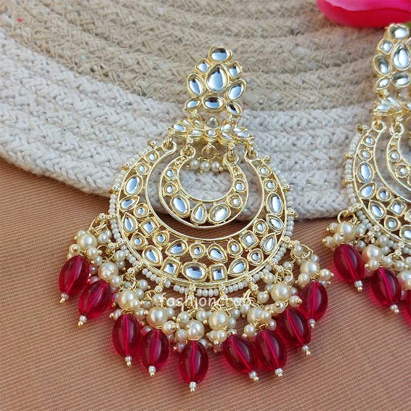 Dark Pink Color Kundan Pearl Studded Chandbali Earrings