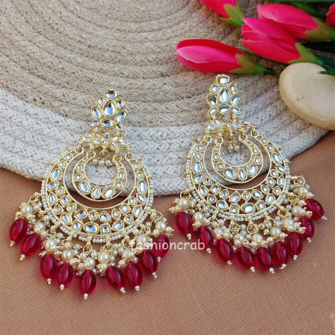 Dark Pink Color Kundan Pearl Studded Chandbali Earrings Dark Pink Color Kundan Pearl Studded Chandbali Earrings