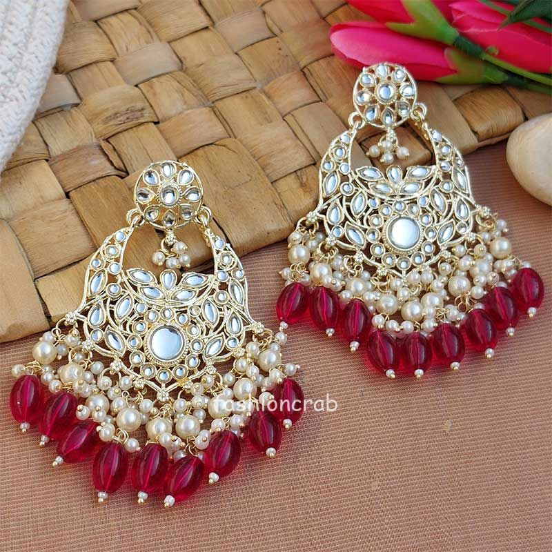 Dark Pink Color Kundan Statement Pearl Ethnic Earrings — free download