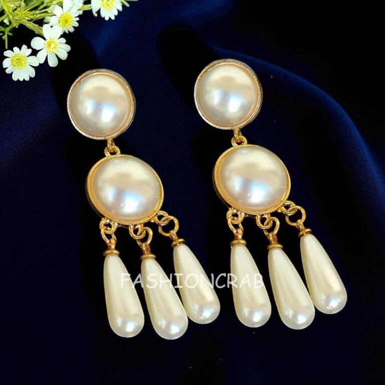 Gold Toned Long Pearl Drop Earrings
