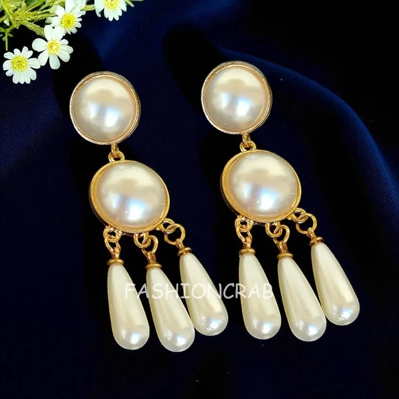 Gold Toned Long Pearl Drop Earrings