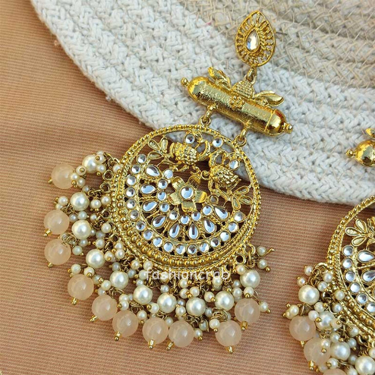 Light Peach Pearl Long Chandbali Earring for Party