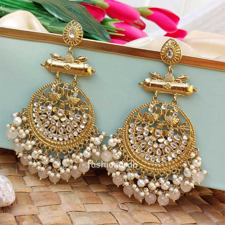 Light Peach Pearl Long Chandbali Earring for Party