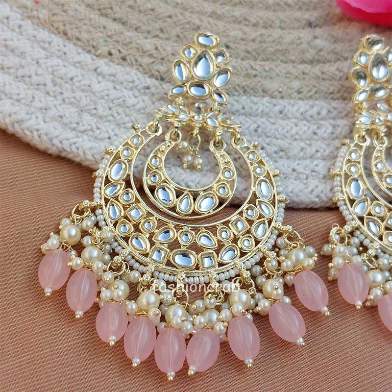 Light Pink Color Kundan Pearl Studded Chandbali Earrings