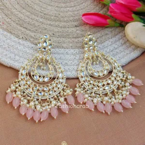 Light Pink Color Kundan Pearl Studded Chandbali Earrings