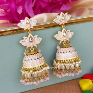 Light Pink Meenakari Lotus Jhumka Earring for Wedding