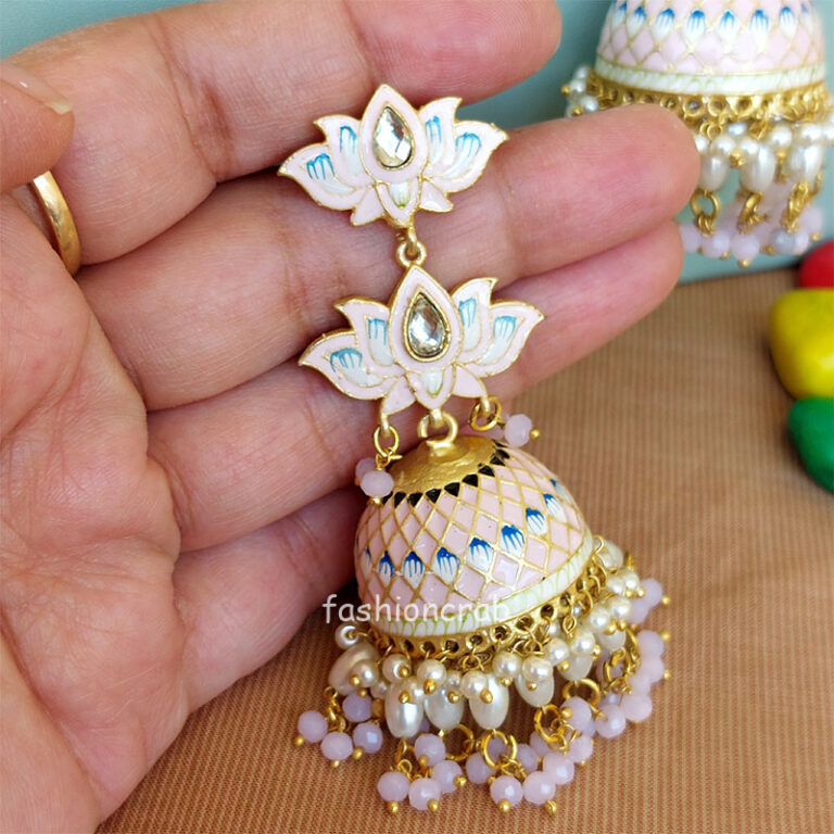 Light Pink Meenakari Lotus Jhumka Earring for Wedding