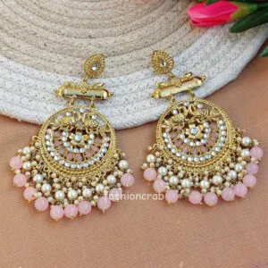 Light Pink Pearl Long Chandbali Earring for Party