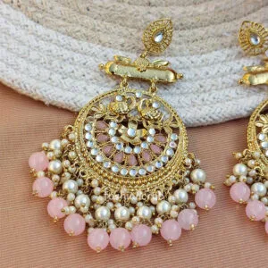 Light Pink Pearl Long Chandbali Earring for Party