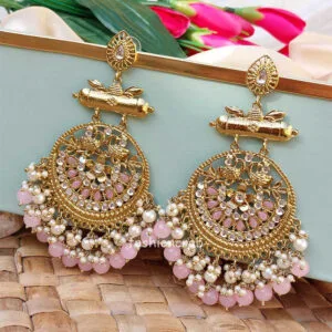 Light Pink Pearl Long Chandbali Earring for Party