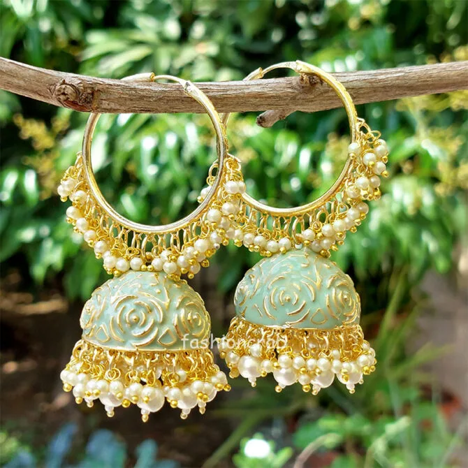 Mint Green Colour Heavy Jhumka Bali for Saree-01 Mint Green Colour Heavy Jhumka Bali for Saree