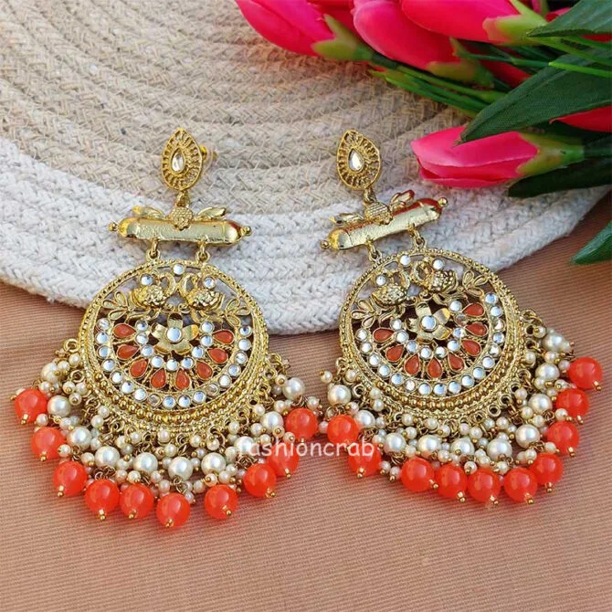 Orange Pearl Long Chandbali Earring for Party-01 Orange Pearl Long Chandbali Earring for Party
