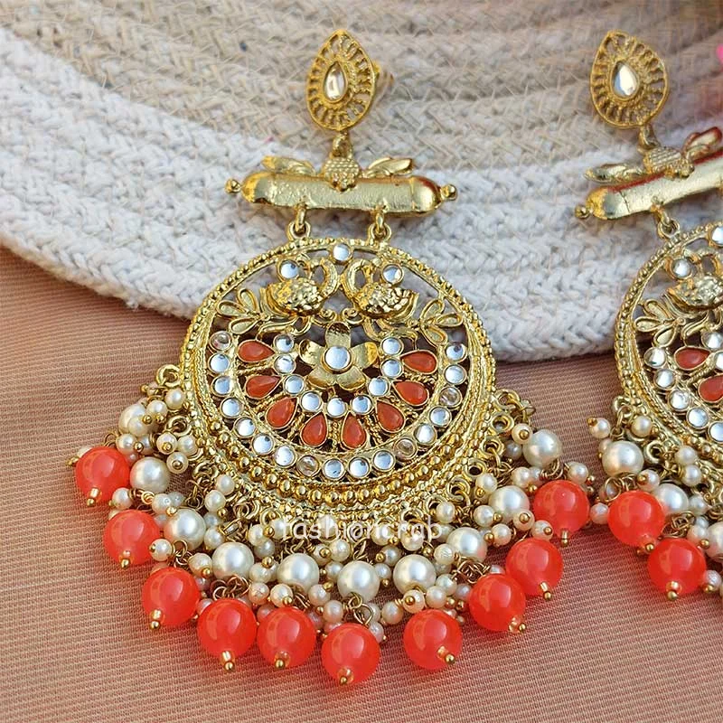 Orange Pearl Long Chandbali Earring for Party