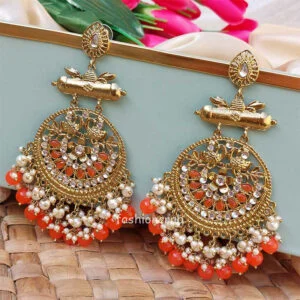 Orange Pearl Long Chandbali Earring for Party